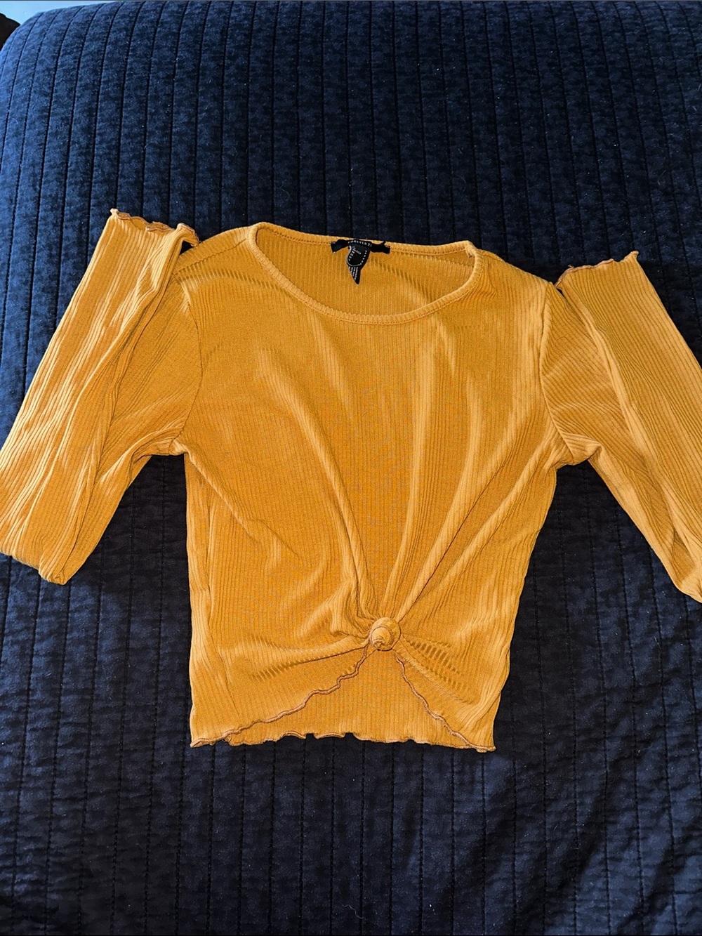 Forever 21 Mustard Yellow Ribbed Long Sleeve Knot Front Top